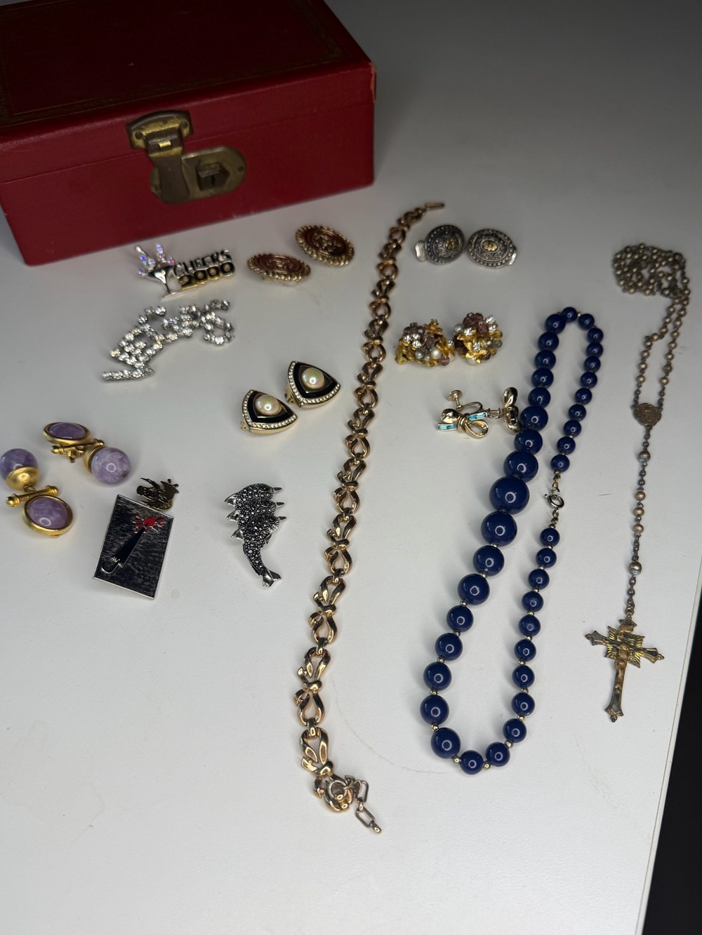Assorted Lot Random Chain/Bracelets/Rosary/ Blue Bead Necklace/Earrings/Pins